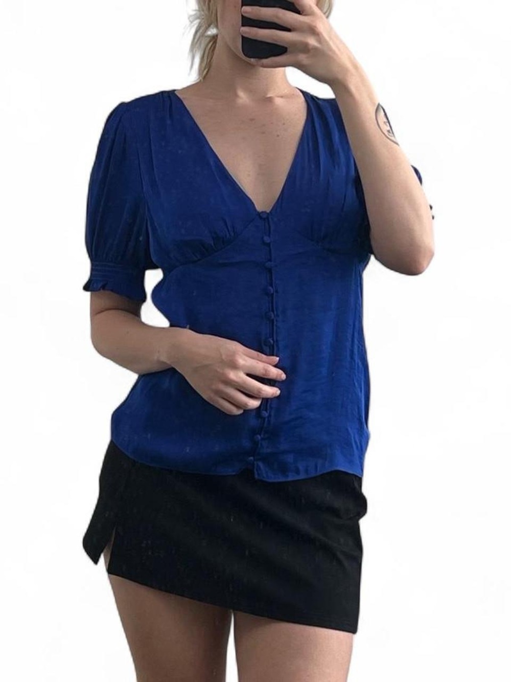Women's Royal Blue V-Neck Button Front Top